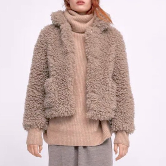 LIKE NEW Zara Teddy Faux Fur Jacket in Taupe-Size M - Picture 1 of 13